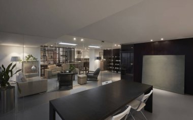 3 boyutlu ahşap duvarlı modern oturma odasının içi.
