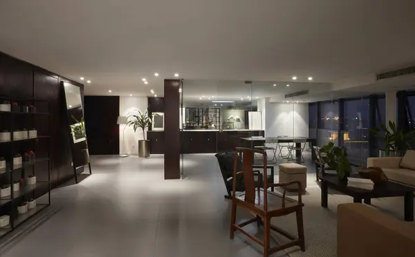 interior of modern apartment in the evening