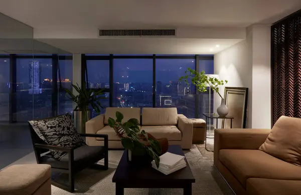 modern living room with night city view