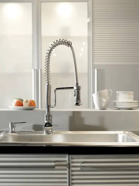 Modern Kitchen Sink Water Tap Table Kitchen Closeup Royalty Free Stock Images