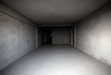 Koyu beton oda. Kentsel desenli duvarlı modern mimari arka plan.