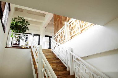 Ahşap merdivenli modern dairenin iç tasarımı.