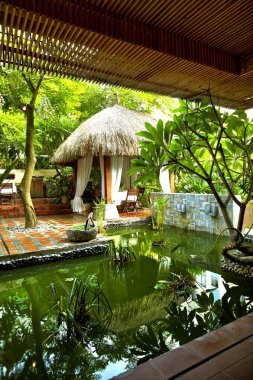 Göleti olan güzel bir tropikal bahçe