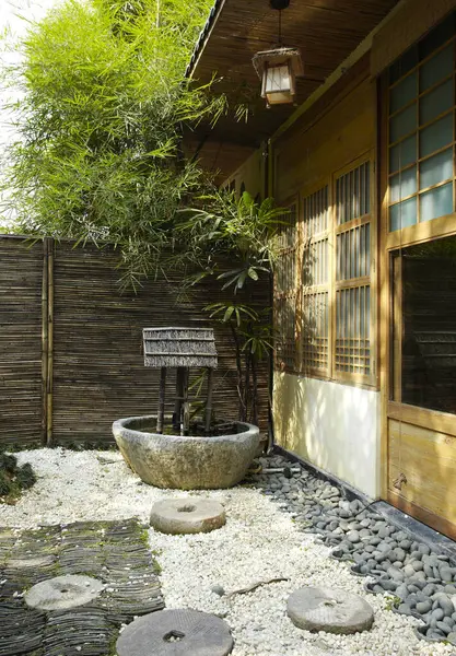 japanese style garden with stone floor and garden