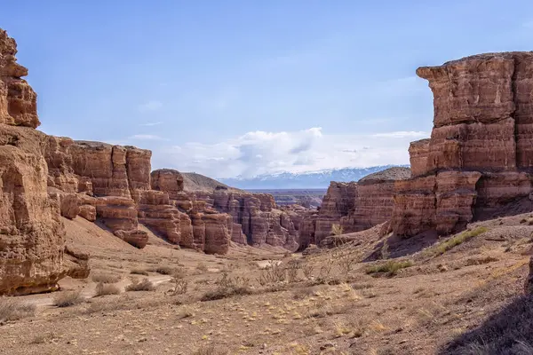 Kazakistan çölündeki dev Charyn Kanyonu. Ufukta dağları ve karlı zirveleri olan çöldeki büyük bir kanyonun panoramik görüntüsü. Gökyüzündeki bulutlar