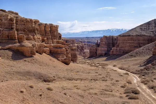 Kazakistan çölündeki dev Charyn Kanyonu. Ufukta dağları ve karlı zirveleri olan çöldeki büyük bir kanyonun panoramik görüntüsü. Gökyüzündeki bulutlar