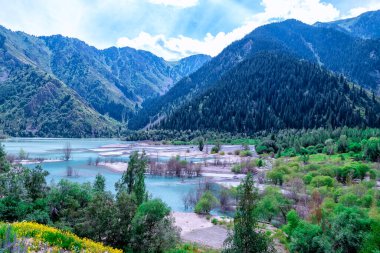 Issyk Gölü, Almaty, Kazakistan. Çok güzel bir manzara. Dağların ve yeşil çimenli ağaçların arka planında mavi suyu olan dağ gölü