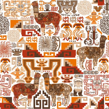 Animals, birds, geometric and abstract patterns in Peruvian style. Seamless pattern on a white background. clipart