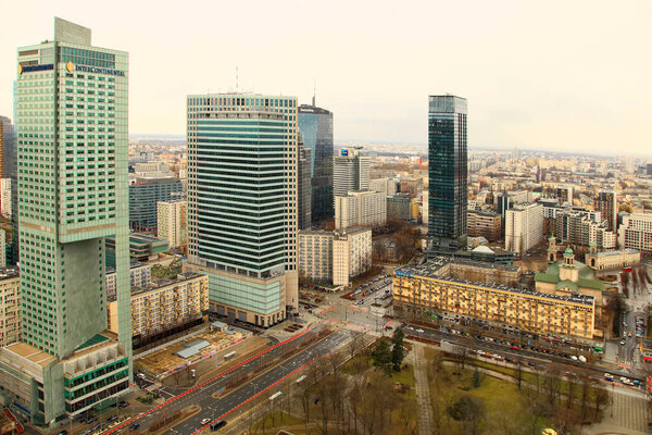 WARSAW, POLAND - FEBRUARY 23, 2020: View of corporate business district with modern skyscraper buildings in Warsaw, Poland