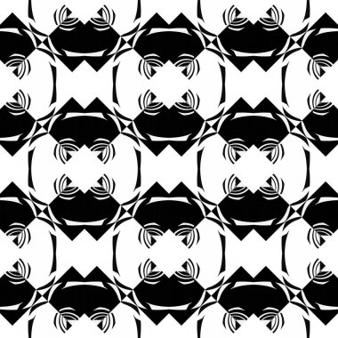 Dekoratif geometrik elementlerle soyut, kusursuz desen. Siyah beyaz süs. Modern stil dokusu tekerrür ediyor. Duvar halısı, yatak örtüsü, kumaş, seramik fayans, yastık için harika.