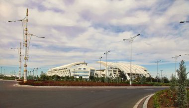 Ashgabat, Türkmenistan - 20 Ekim 2023: Ashgabat, Türkmenistan. Spor stadyumu. Spor kompleksinin genel manzarası..