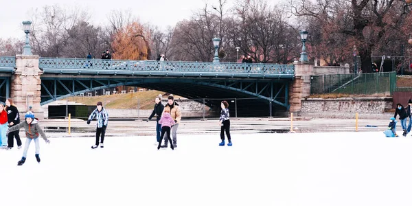 04.01.2022 Budapeşte. Çocuklar ve yetişkinler kış günü açık havada buz pateni pistine giderler. Aile kış sporu. Yumuşak, seçici odaklanma. Açık hava. Kış sporu..