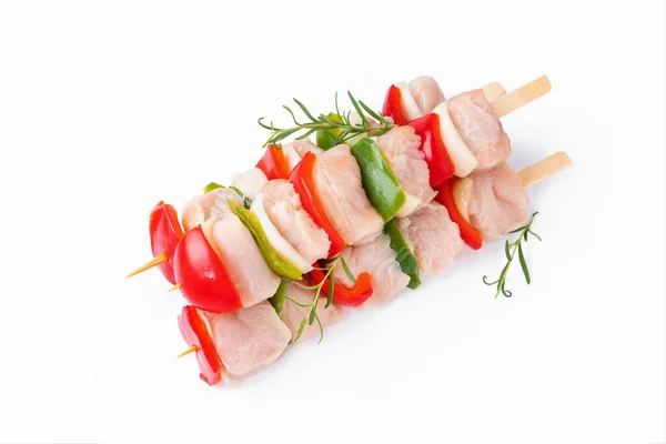Top View Uncooked Mixed Meat Skewer Peppers Raw Turkey Skewers — Stock Photo, Image