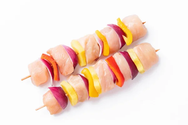 Uncooked Mixed Meat Skewer Peppers Top View Skewers Pieces Raw — Stock fotografie
