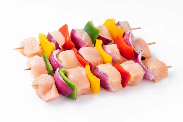 Uncooked Mixed Meat Skewer Peppers Top View Skewers Pieces Raw — Stock Photo, Image