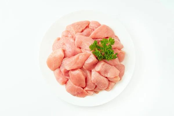 白の背景に七面鳥の肉の新鮮な冷凍作品 生の鶏の切り身 有機食品と健康的な食事 冷凍七面鳥や鶏肉肉 — ストック写真