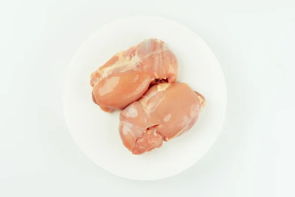 Fresh Raw Skinless Chicken Thigh Meat Fresh Herbs Gray Background — Stock Photo, Image