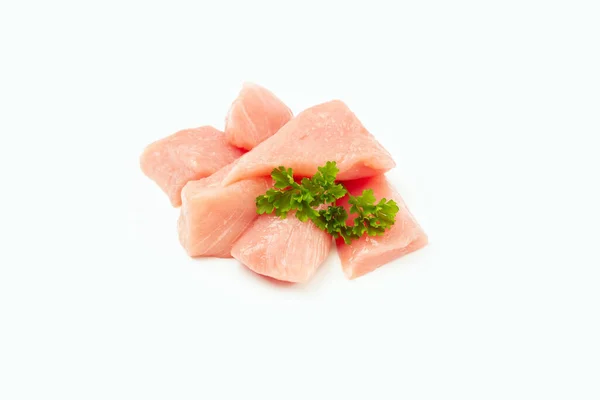 Rohe Stücke Von Putenfleisch Mit Grüntönen Auf Weißem Hintergrund Frische — Stockfoto