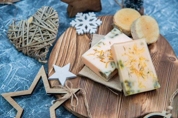 Hand made natural soap with decoration as a gift for Christmas