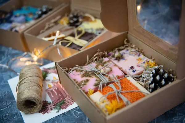 stock image Hand made natural soap in festive box as a gift for Christmas or other event