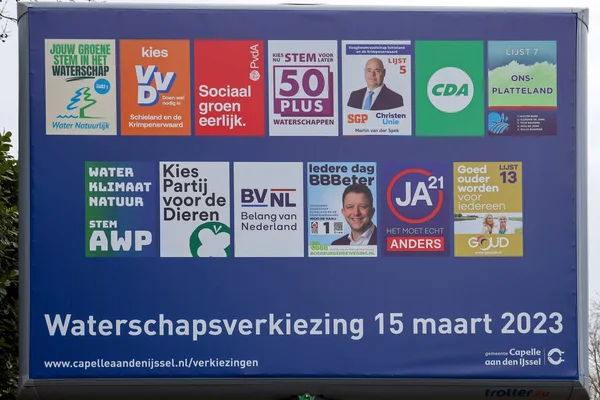 stock image Netherlands, March 2023 -Board with election posters for the provincial and water board elections in the Netherland