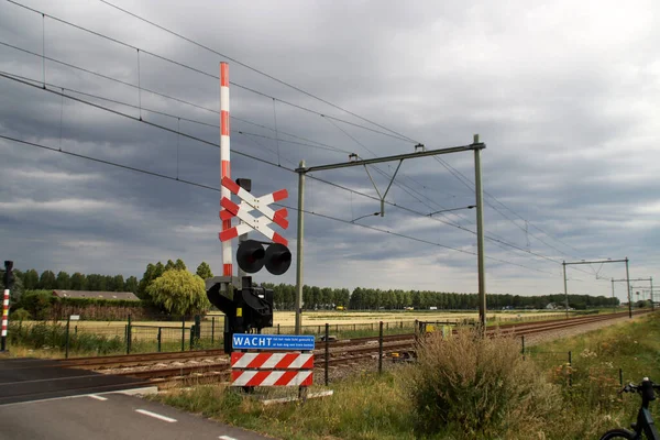 Barrières Rode Lichten Bij Spoorwegovergang Moordrecht Nederland Stockfoto