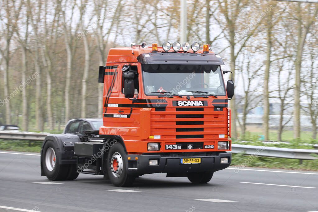 Retro trucks participate in a Retro Truck Tour through South Holland in the Netherlands