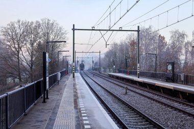 Hollanda 'daki Nieuwerkerk aan den IJssel' de platformları ve trenleri olan buzlu demiryolu rayları