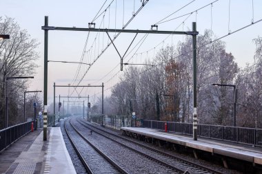 Hollanda 'daki Nieuwerkerk aan den IJssel' de platformları ve trenleri olan buzlu demiryolu rayları