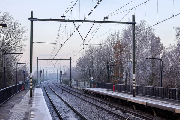 Eisige Bahngleise Mit Bahnsteigen Und Zug Nieuwerkerk Aan Den Ijssel — Stockfoto