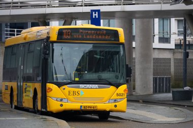 Hollanda 'da Amsterdam Sloterdijk' e park edilmiş sarı EBS bölge otobüsü