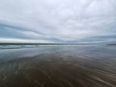 Kuzey Denizi kıyısında Hoek van Holland 'da bulutlu gökyüzü ve Hollanda kıyılarında alçak gelgitle