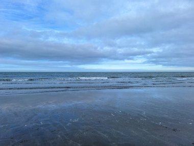 Kuzey Denizi kıyısında Hoek van Holland 'da bulutlu gökyüzü ve Hollanda kıyılarında alçak gelgitle