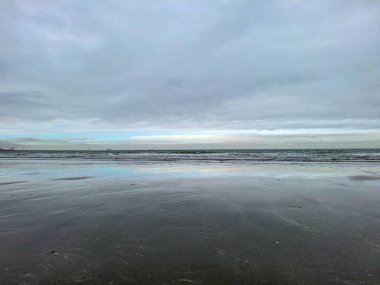 Kuzey Denizi kıyısında Hoek van Holland 'da bulutlu gökyüzü ve Hollanda kıyılarında alçak gelgitle