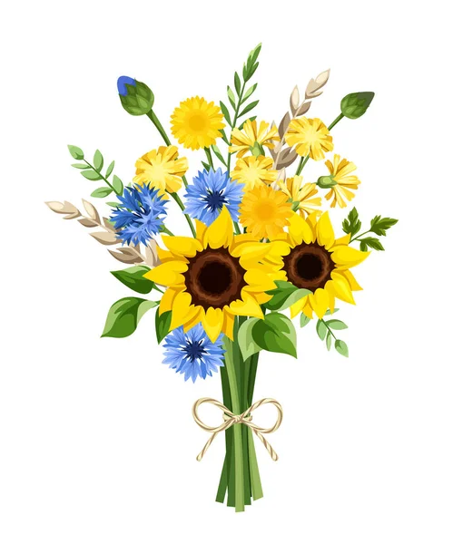 Vector Rustikales Bouquet Aus Blauen Und Gelben Sonnenblumen Kornblumen Löwenzahn — Stockvektor