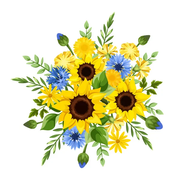 Bukiet Niebieski Żółty Słoneczniki Chabry Kwiaty Mniszka Lekarskiego Zielone Liście — Wektor stockowy