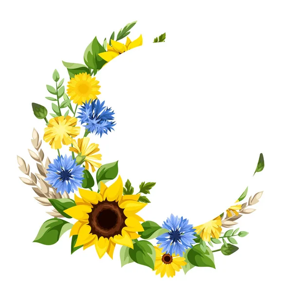 Bloemen Begroeting Uitnodiging Kaart Ontwerp Met Blauwe Gele Zonnebloemen Korenbloemen — Stockvector