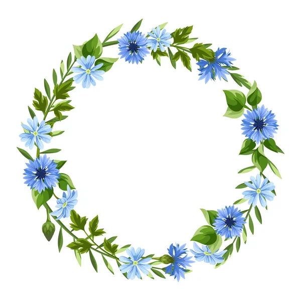 Mavi Çiçekli Yeşil Yapraklı Vektör Çelenk Çiçek Dairesi Çerçevesi Selamlama — Stok Vektör
