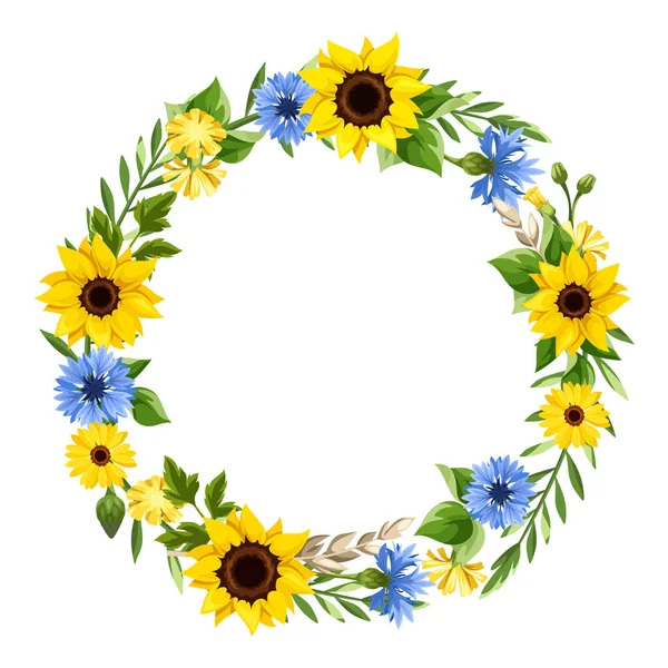 Couronne Florale Vectorielle Avec Tournesols Bleus Jaunes Bleuets Fleurs Pissenlit — Image vectorielle