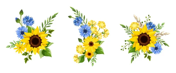 蓝色和黄色的向日葵 芙蓉花 玉米花 蒲公英花和绿叶 在白色背景上隔离的三束花束 — 图库矢量图片