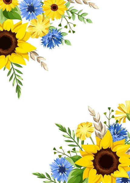 Vector Greeting Invitation Card Design Yellow Sunflowers Dandelion Flowers Blue — Stock Vector