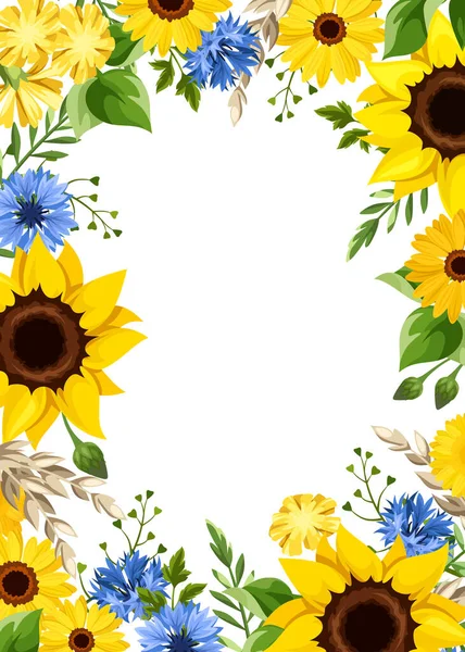 Greeting Invitation Card Blue Yellow Sunflowers Cornflowers Dandelion Flowers Ears — Stock Vector
