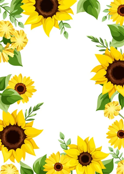 Vector Greeting Invitation Card Design Yellow Sunflowers Gerbera Flowers Dandelion — Stock Vector