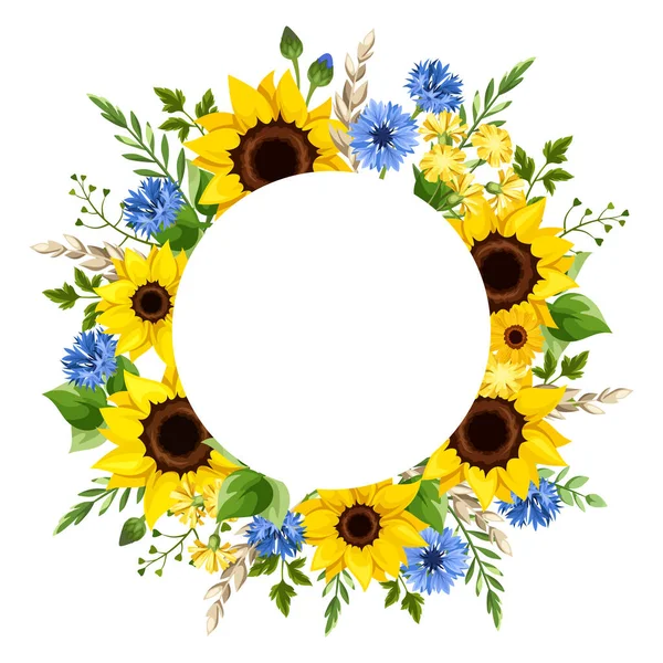 Bloemen Begroeting Uitnodiging Kaart Ontwerp Met Gele Zonnebloemen Paardebloem Bloemen — Stockvector