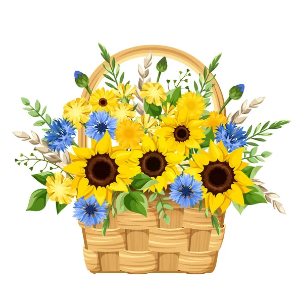 Korb Mit Blauen Und Gelben Sonnenblumen Löwenzahnblüten Gerbera Blüten Kornblumen — Stockvektor