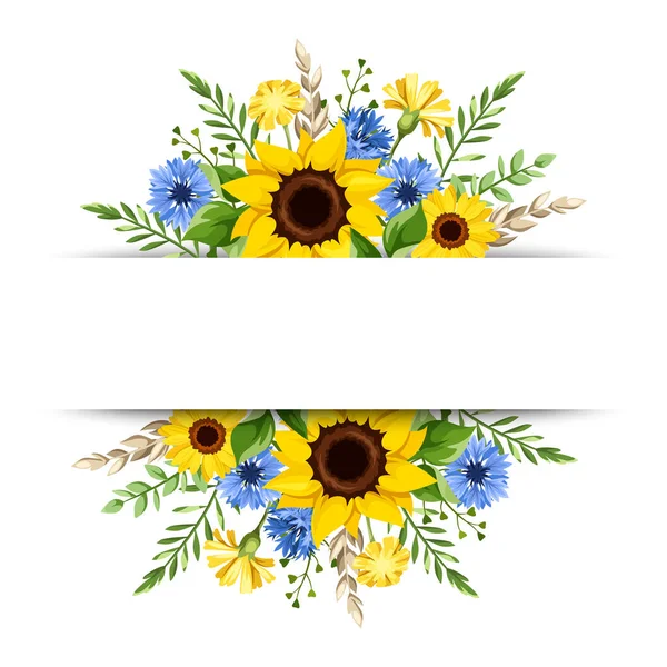 Vector Banner Blue Yellow Sunflowers Cornflowers Dandelion Flowers Ears Wheat — Stock Vector