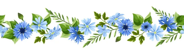 青い花と緑の葉を持つ水平シームレスな境界 ベクトルフラワーガーランド — ストックベクタ