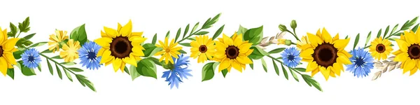 Granica Pozioma Bez Szwu Niebieskimi Żółtymi Słonecznikami Chabrami Kwiatami Mniszka — Wektor stockowy