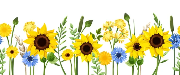 Горизонтальна Безшовна Облямівка Синьо Жовтими Квітами Стеблами Соняшники Квіти Кульбаби — стоковий вектор