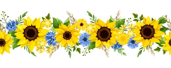 Horizontale Nahtlose Umrandung Mit Blauen Und Gelben Sonnenblumen Löwenzahnblüten Gerbera — Stockvektor